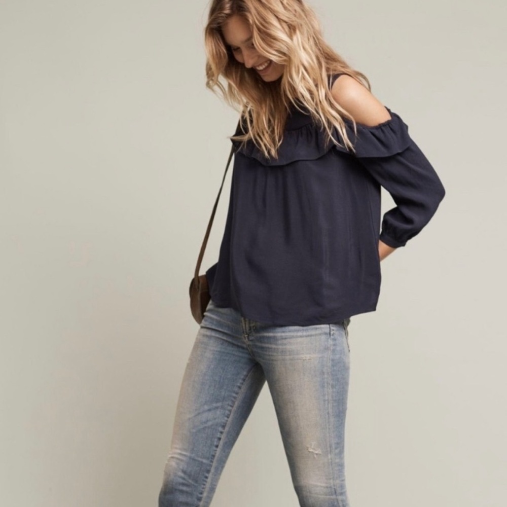 Anthropologie Maeve| Navy Cold Shoulder Ruffle Blouse with Gold Buttons•••